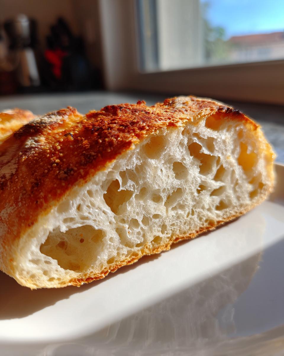 Close-up of the open, airy crumb structure of a Sourdough Discard Pizza Crust with a golden-brown, blistered edge.