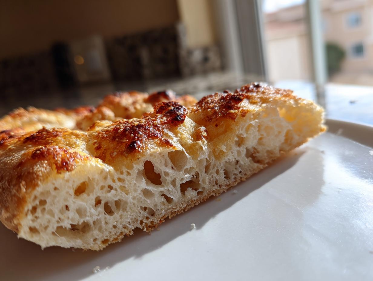 Close-up of the airy, open crumb structure of a Sourdough Discard Pizza Crust slice on a white plate.