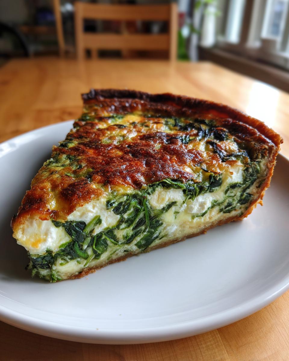 A close-up of a thick slice of Spinach and Feta Quiche with a golden-brown top, served on a white plate.