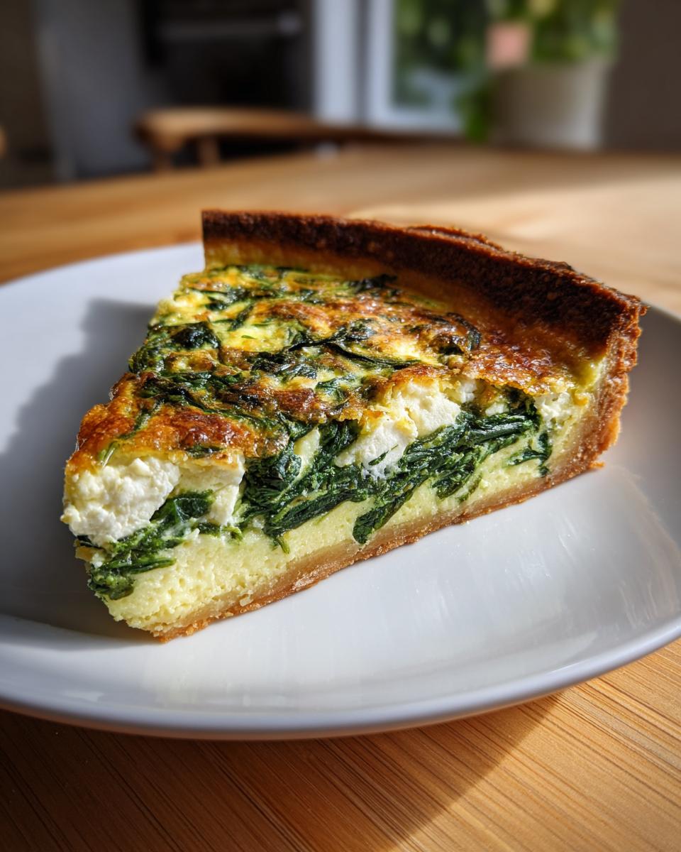 A perfect slice of Spinach and Feta Quiche showing creamy filling, dark green spinach, and white feta cheese on a white plate.