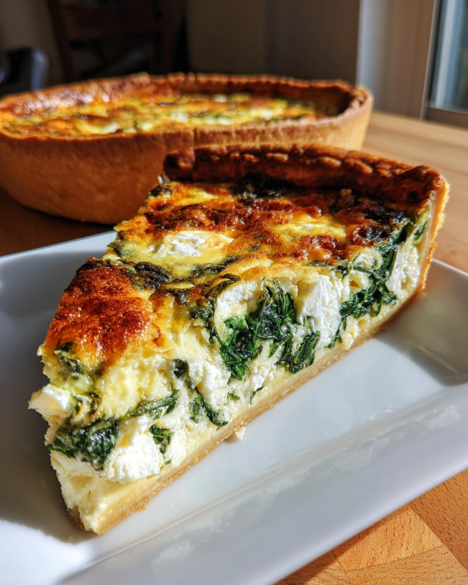 A close-up of a thick slice of Spinach and Feta Quiche with a golden crust, sitting on a white plate.