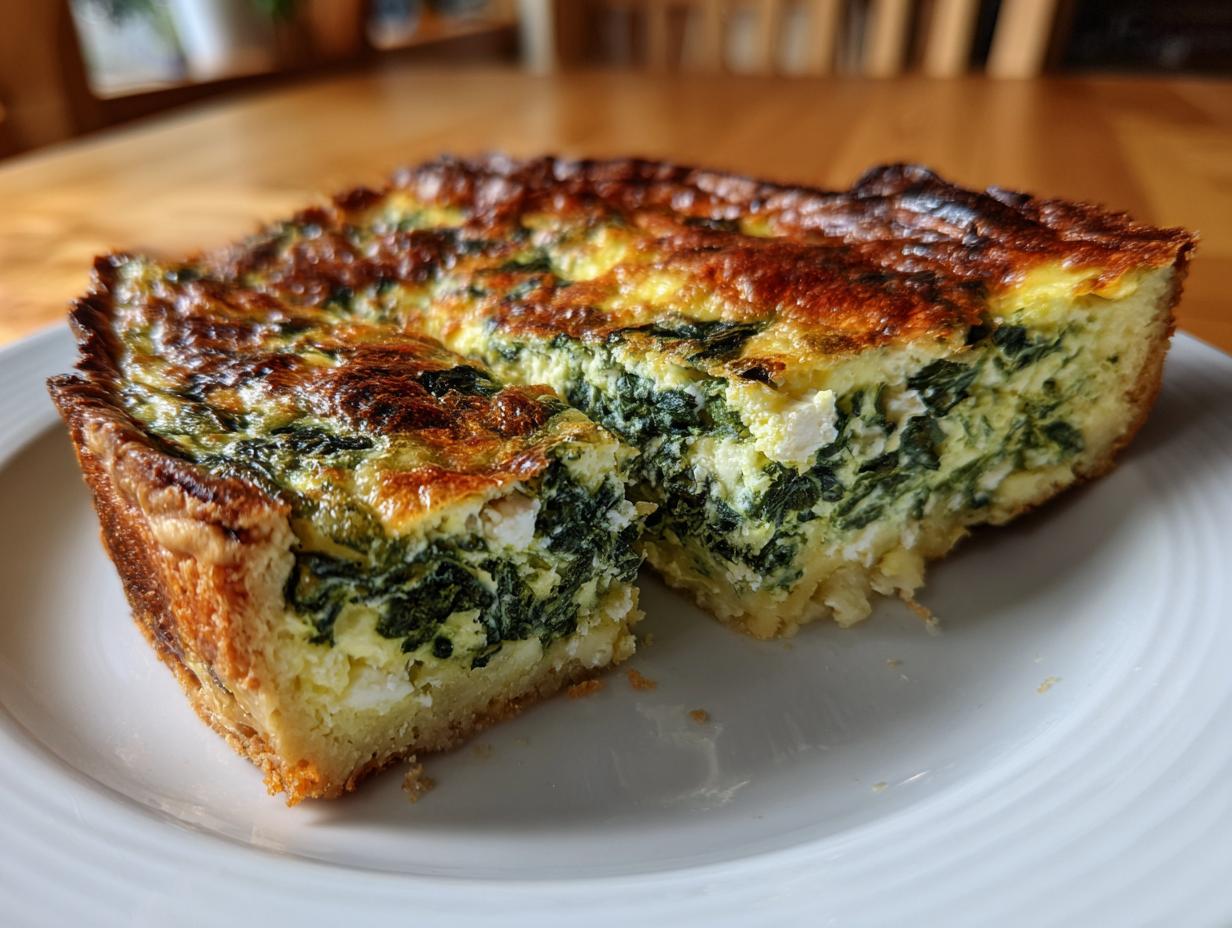 A thick slice of baked Spinach and Feta Quiche showing a golden-brown top and rich green filling on a white plate.