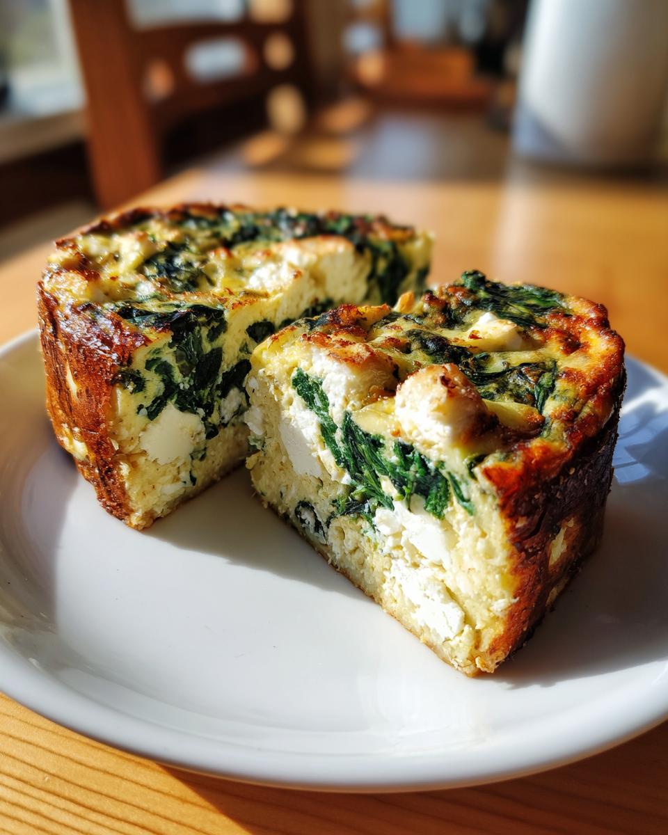 Two thick slices of baked Spinach and Feta Quiche showing rich egg custard, dark green spinach, and white feta cheese chunks.