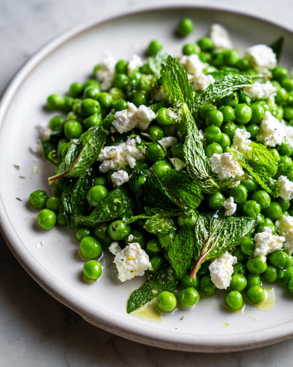 Close-up of a bright Spring Pea and Feta Salad mixed with fresh mint leaves on a white plate.