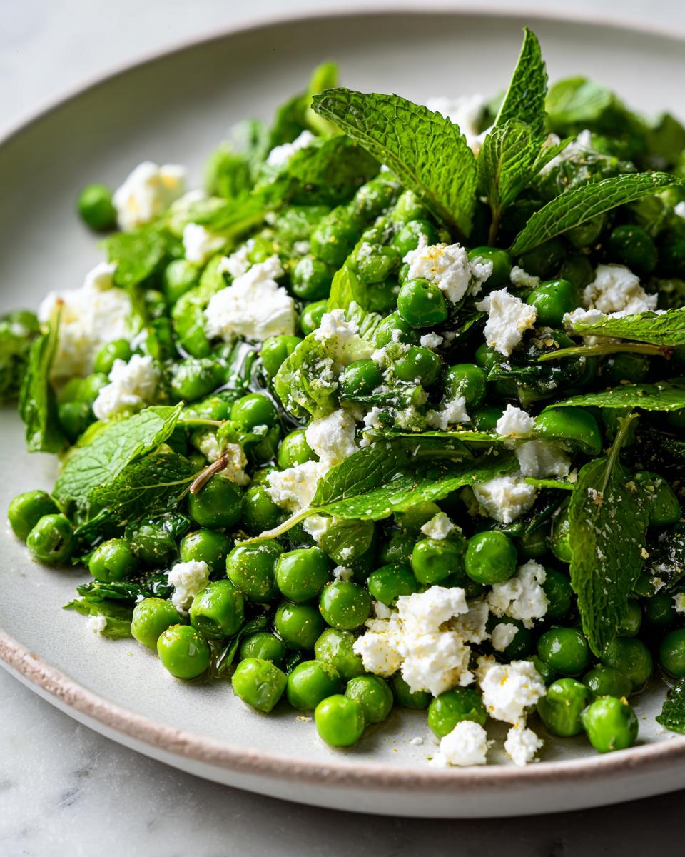 Close-up of a bright Spring Pea and Feta Salad mixed with fresh mint leaves on a light plate.