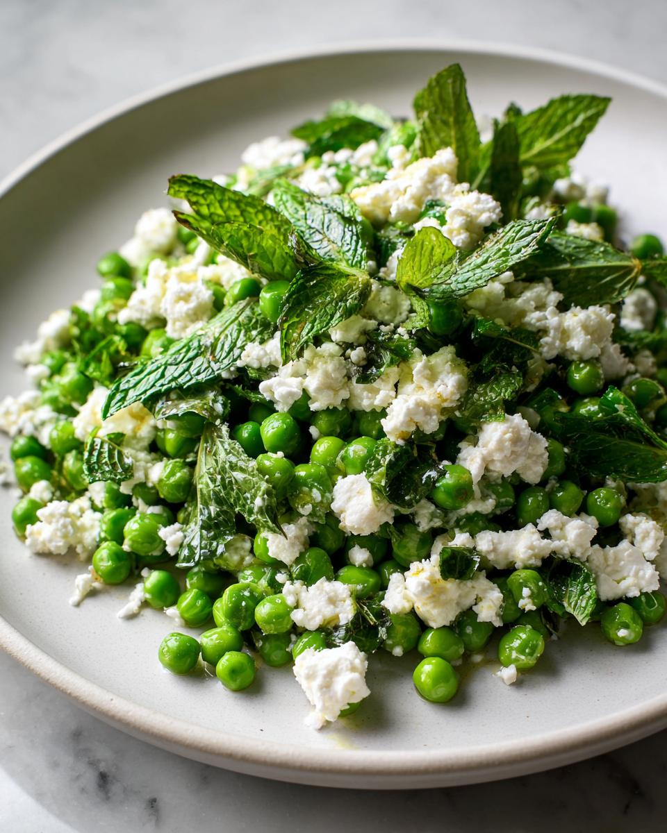 Close-up of Spring Pea and Feta Salad featuring bright green peas, crumbled white feta, and fresh mint leaves.