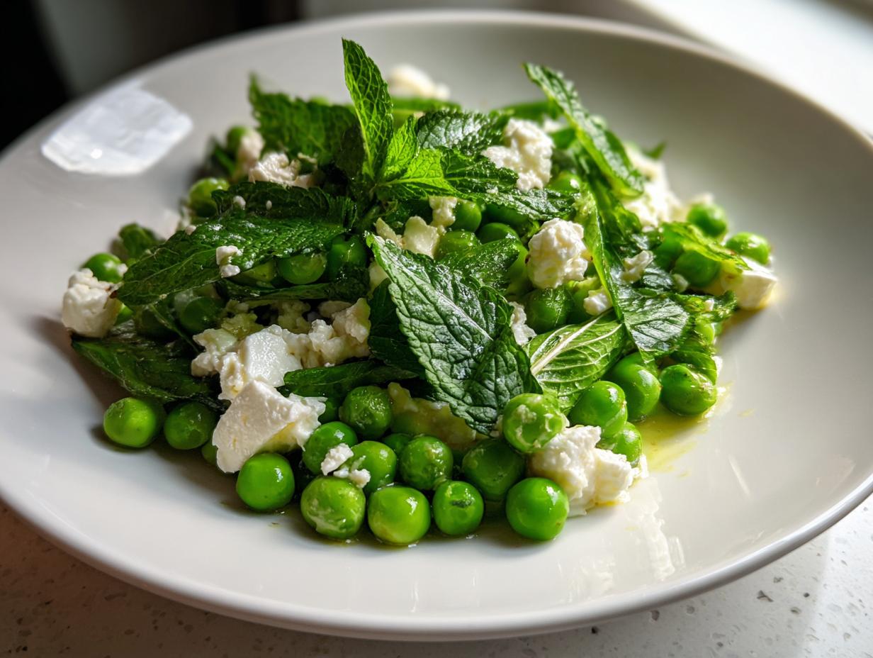 Close-up of a vibrant Spring Pea and Feta Salad featuring bright green peas, crumbled feta, and fresh mint leaves.