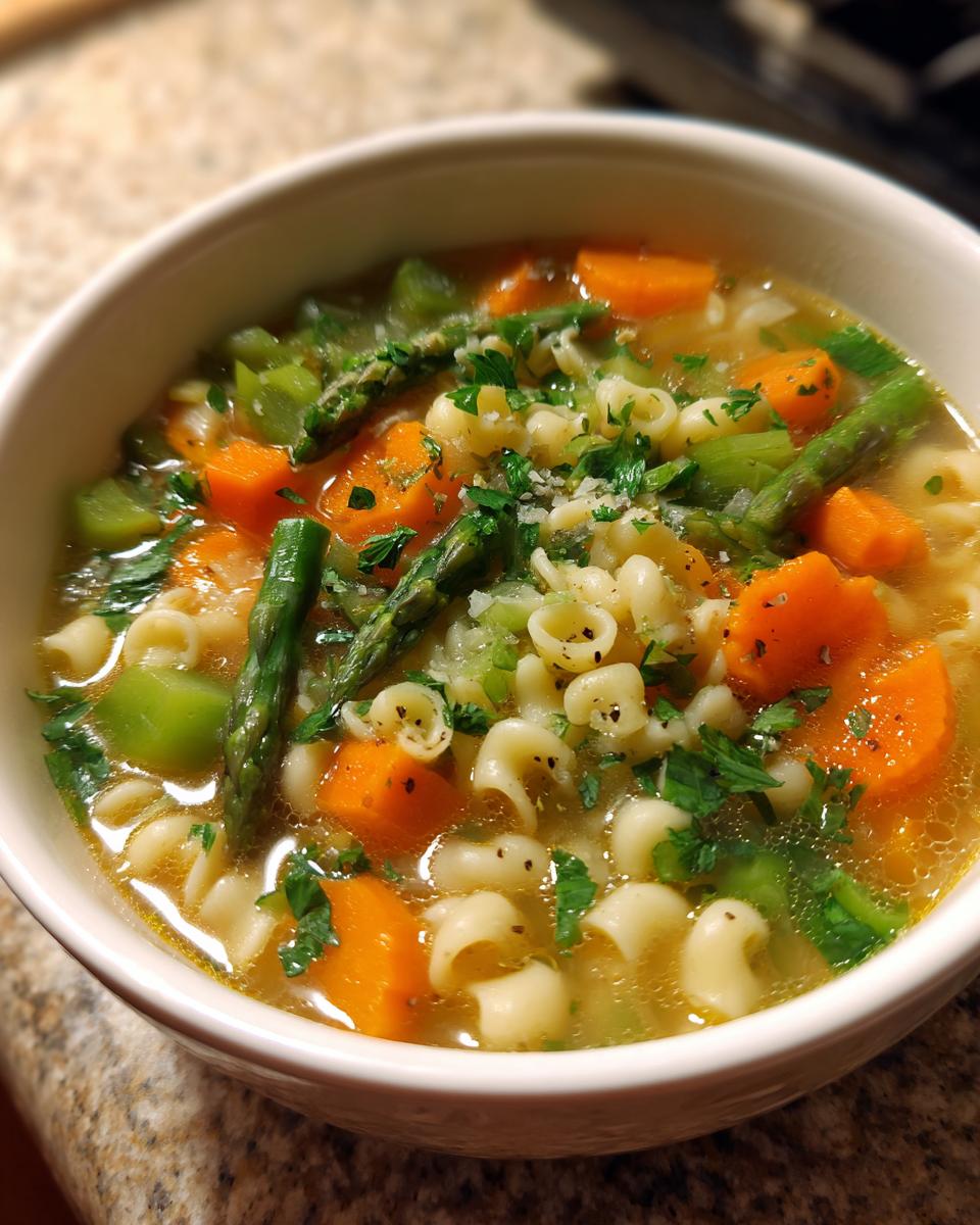 Close-up of a white bowl filled with Spring Vegetable Minestrone, featuring carrots, asparagus, pasta, and herbs.