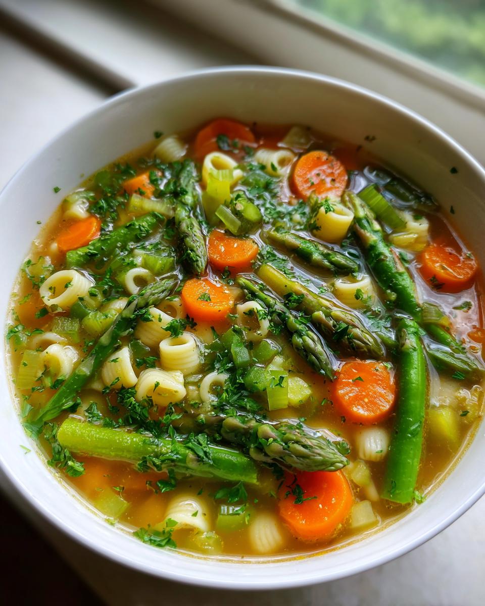 A close-up view of a white bowl filled with vibrant Spring Vegetable Minestrone, featuring asparagus spears, sliced carrots, and small pasta.