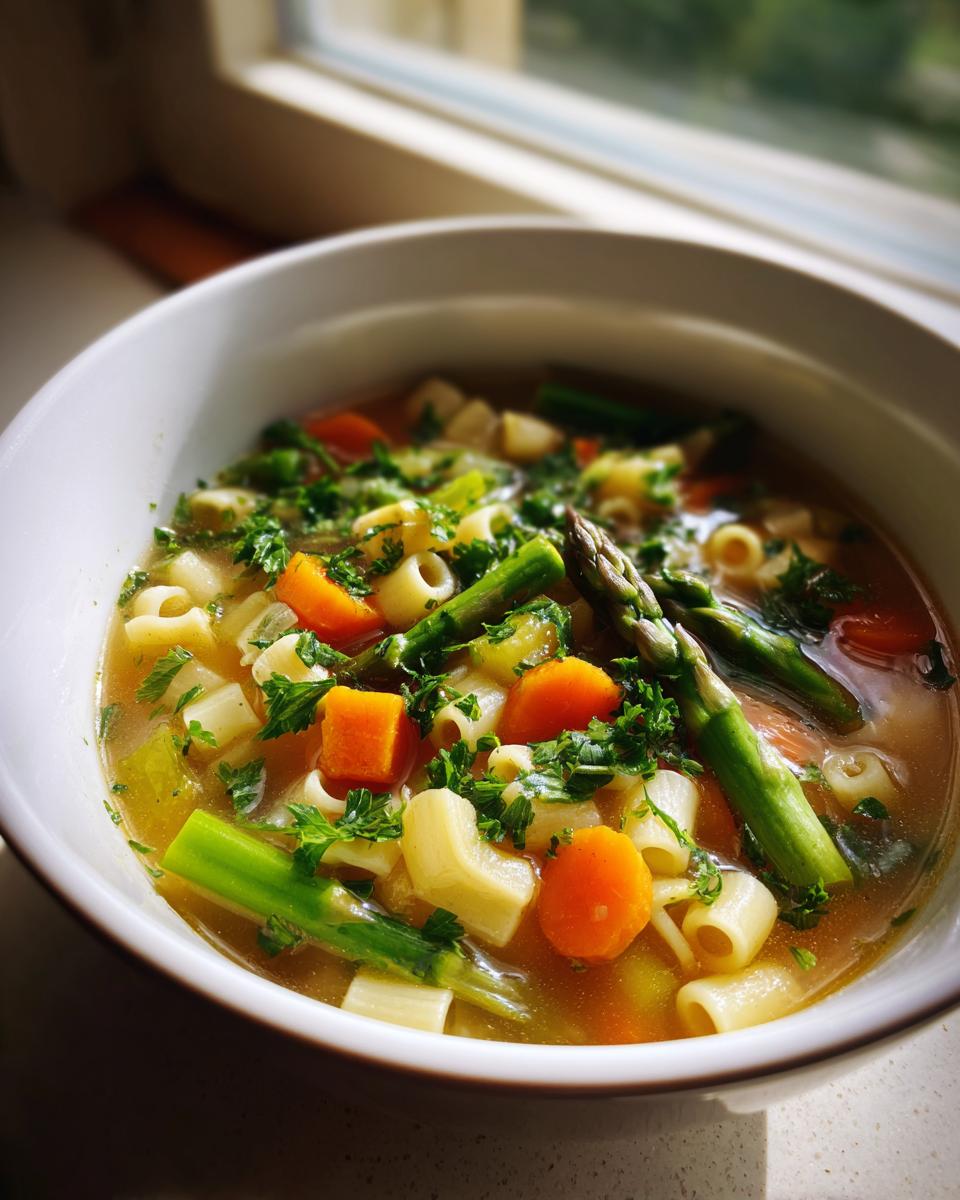 Close-up of a white bowl filled with Spring Vegetable Minestrone featuring carrots, pasta, and bright green asparagus spears.