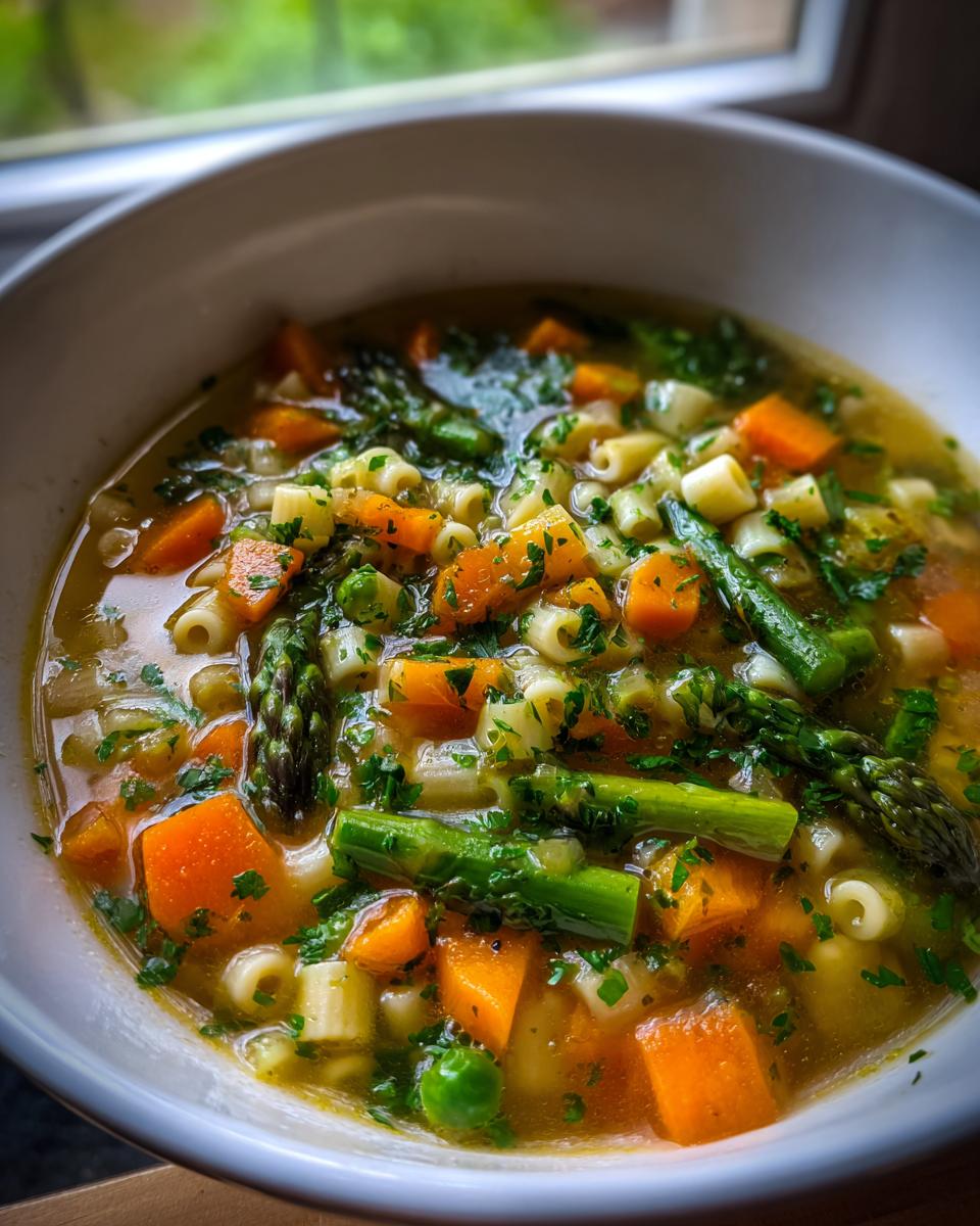 Close-up of a bowl filled with vibrant Spring Vegetable Minestrone soup featuring carrots, asparagus, peas, and small pasta.