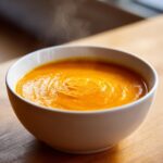 Close-up of a steaming white bowl filled with vibrant orange Carrot Ginger Soup resting on a wooden surface.