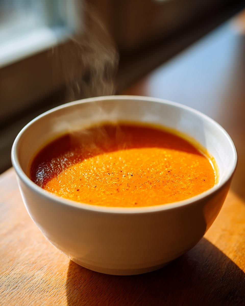 A close-up of a steaming white bowl filled with bright orange Carrot Ginger Soup, set on a wooden surface.