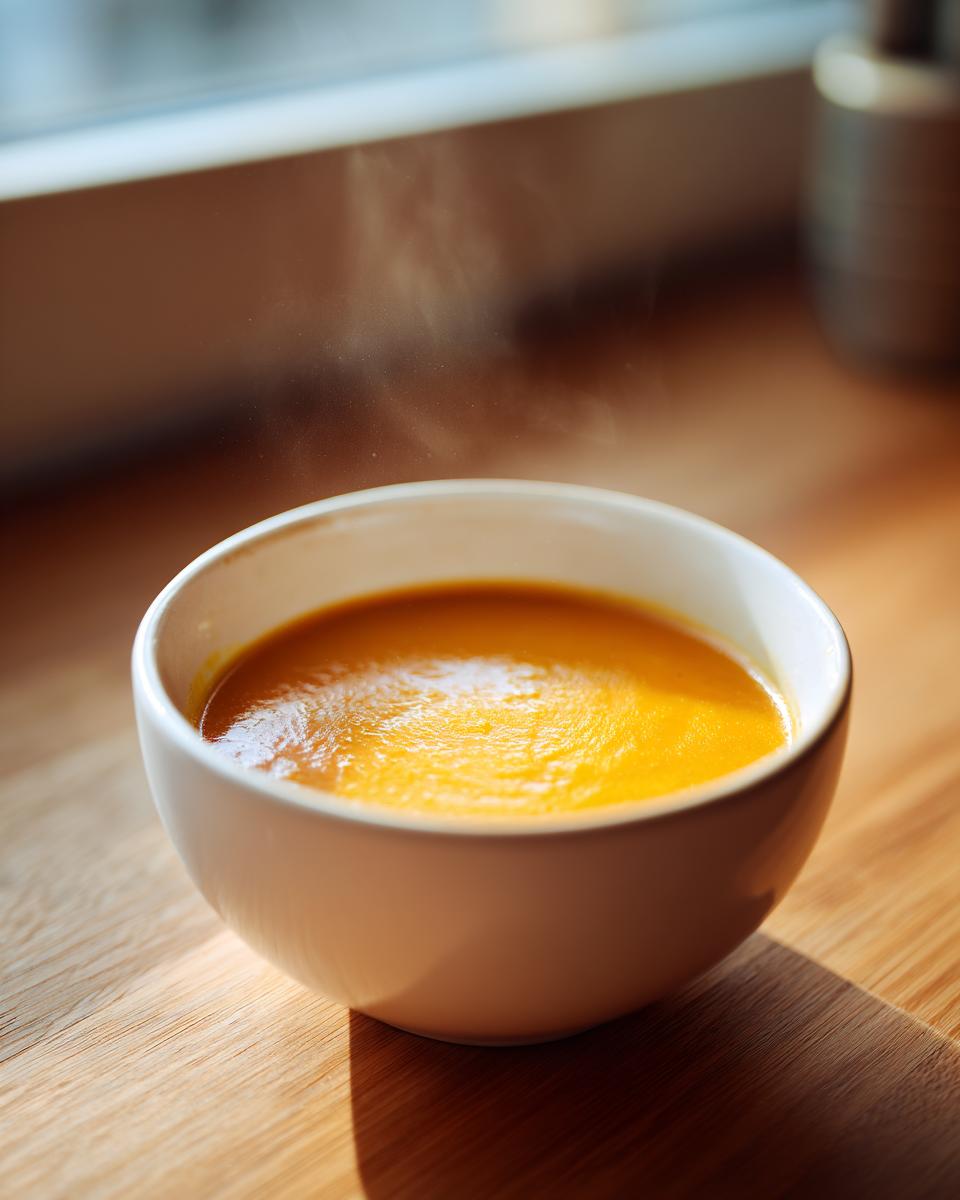 A close-up of a white bowl filled with hot, vibrant orange Carrot Ginger Soup, steam rising gently.