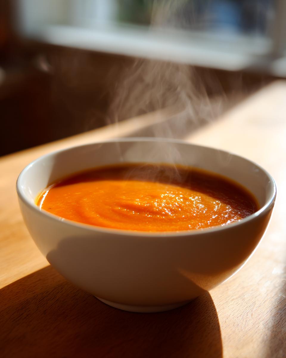 A close-up of a steaming white bowl filled with vibrant orange Carrot Ginger Soup, set on a sunlit wooden surface.