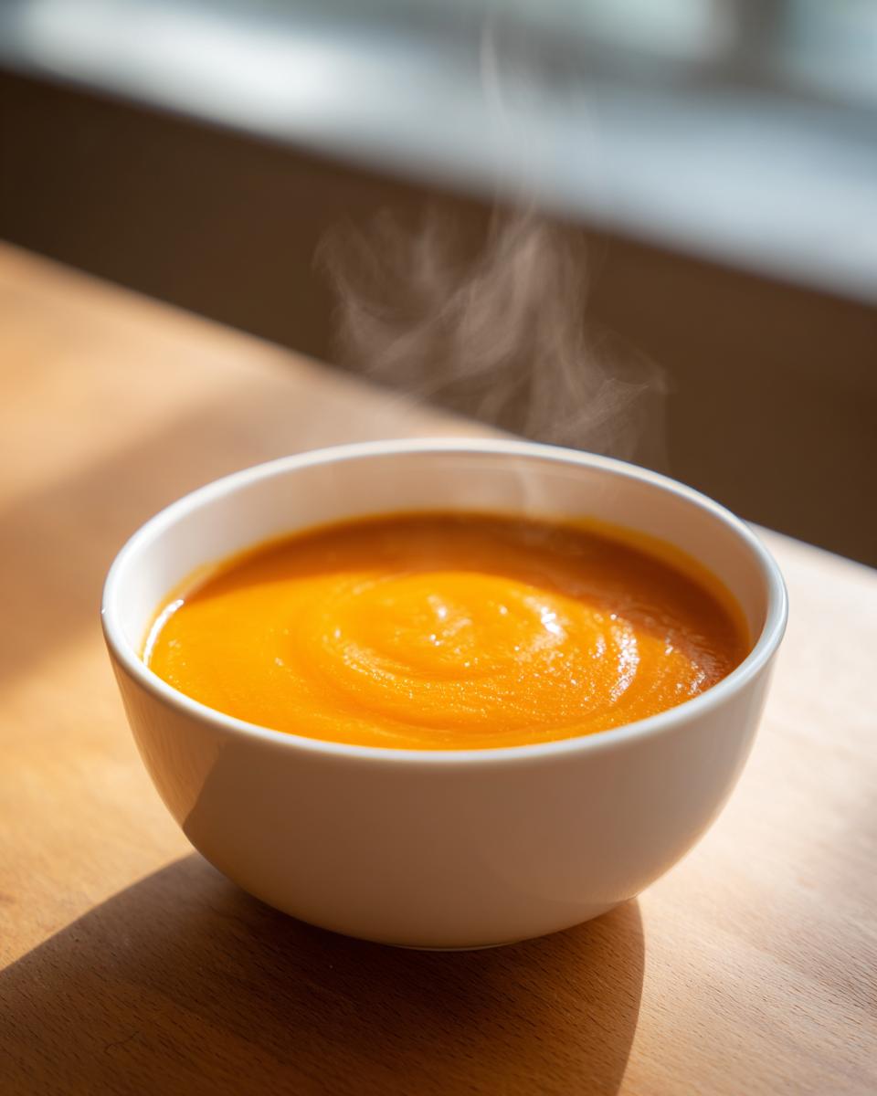 A white bowl filled with bright orange, steaming Carrot Ginger Soup resting on a sunlit wooden surface.