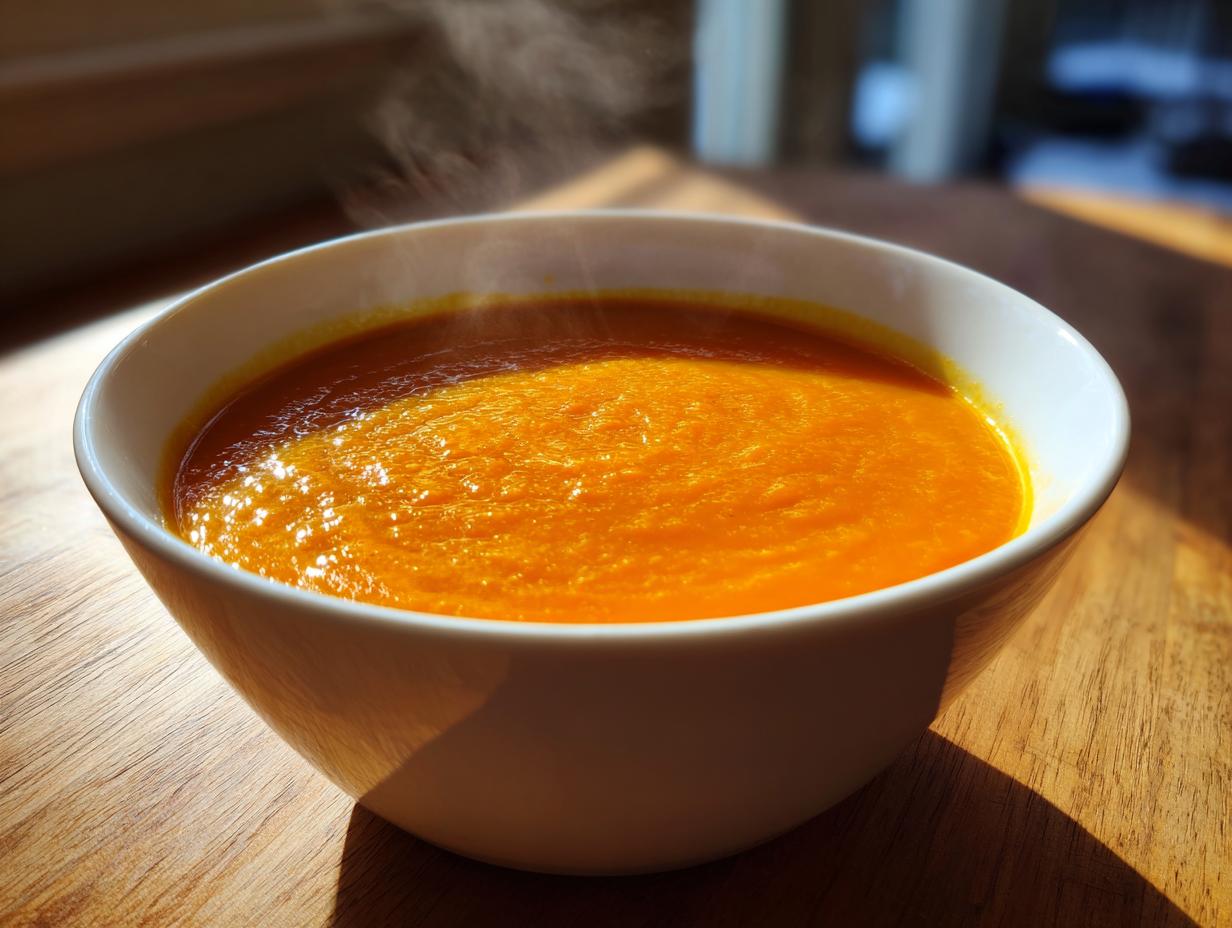 A close-up of a steaming white bowl filled with vibrant orange Carrot Ginger Soup, set on a wooden table in natural sunlight.