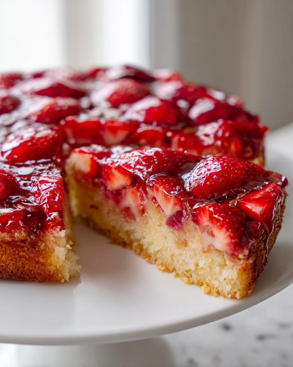 A slice of glistening Strawberry Rhubarb Upside Down Cake with a thick layer of glazed strawberries on a white cake stand.
