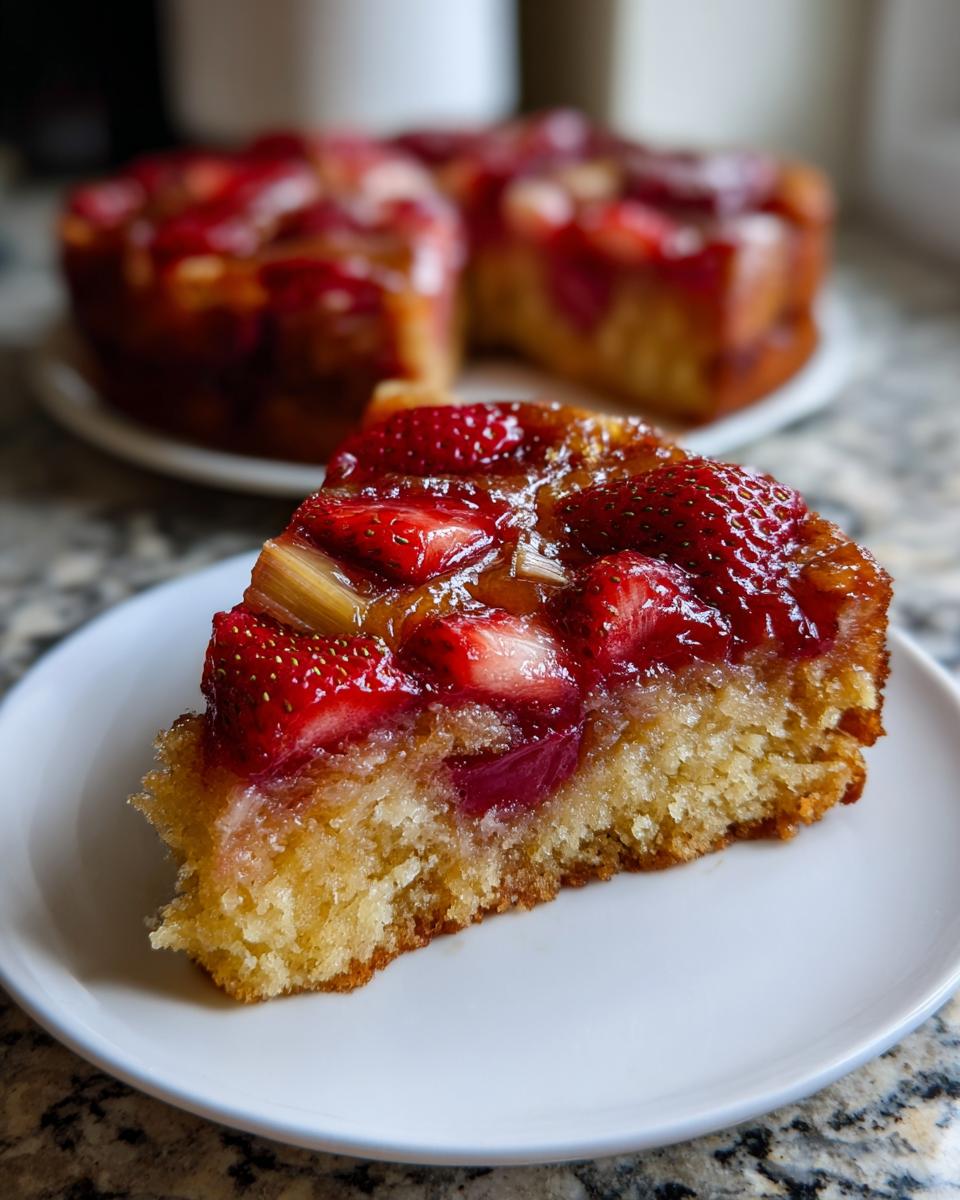 A close-up slice of moist Strawberry Rhubarb Upside Down Cake with caramelized fruit topping on a white plate.