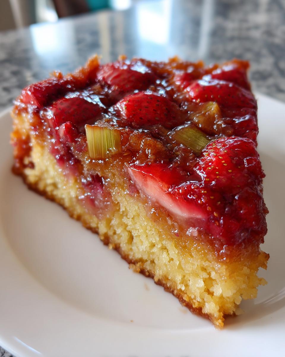 Close-up of a moist slice of Strawberry Rhubarb Upside Down Cake with caramelized fruit topping.