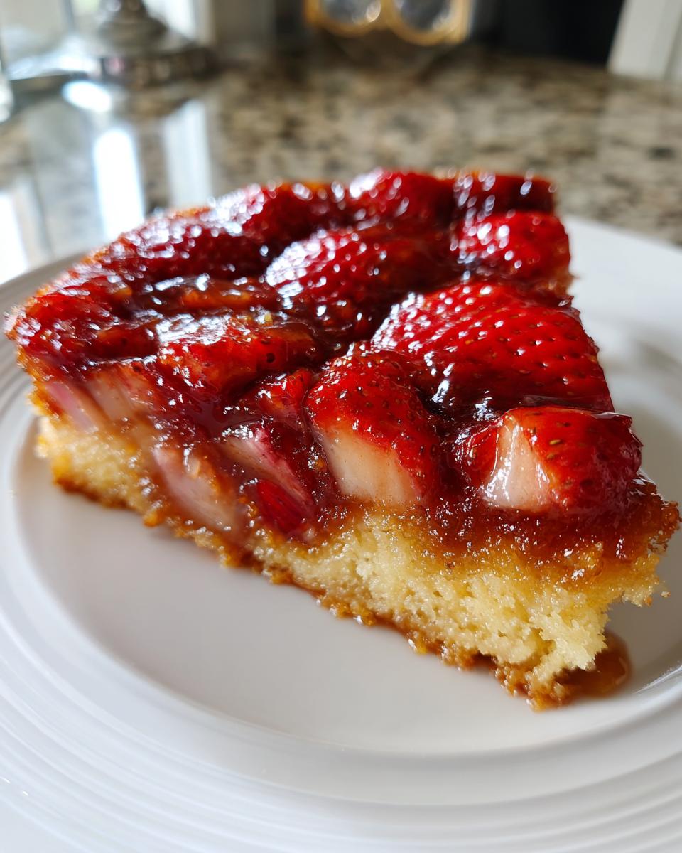 Close-up of a moist slice of Strawberry Rhubarb Upside Down Cake with caramelized strawberries on top, served on a white plate.