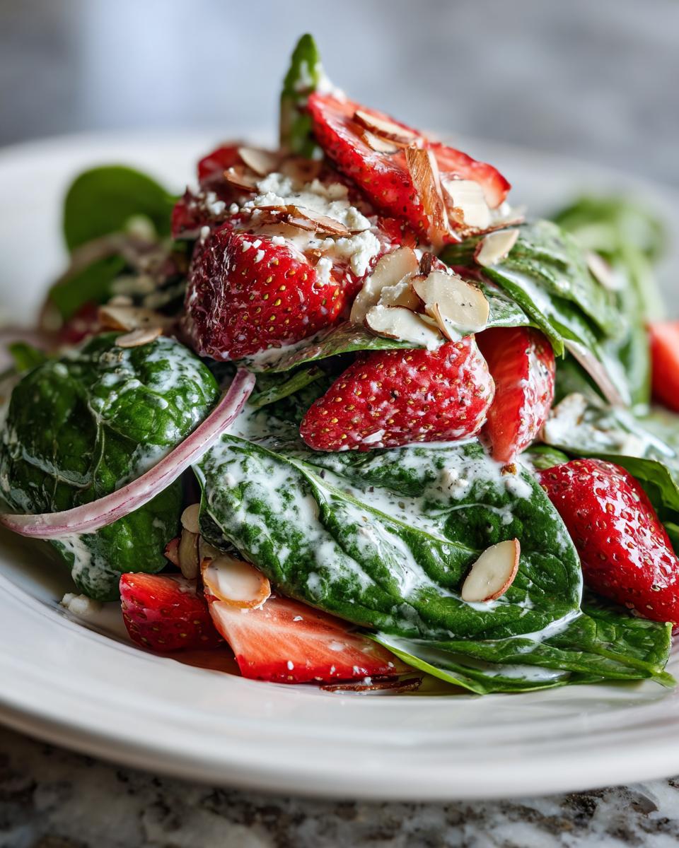 Close-up of a vibrant Strawberry Spinach Salad generously coated in creamy dressing, topped with sliced almonds and feta.