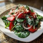 A vibrant serving of Strawberry Spinach Salad with poppy seed dressing, sliced strawberries, red onion, and slivered almonds.