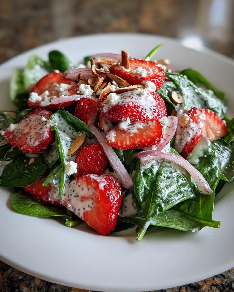 A vibrant Strawberry Spinach Salad with poppy seed dressing, feta cheese, red onion, and slivered almonds.