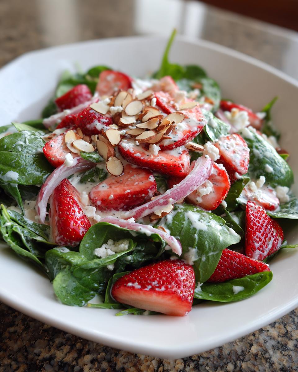 A close-up of a vibrant Strawberry Spinach Salad topped with poppy seed dressing, feta cheese, and sliced almonds.