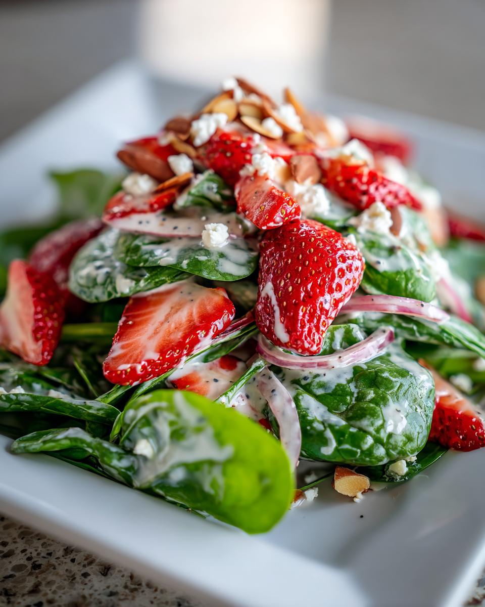 A vibrant portion of Strawberry Spinach Salad with Poppy Seed Dressing, topped with sliced strawberries, feta, and almonds.