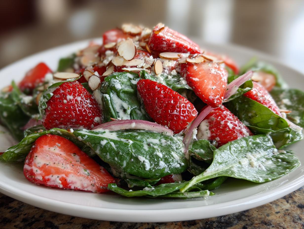 Close-up of a vibrant Strawberry Spinach Salad with poppy seed dressing, sliced strawberries, and slivered almonds.